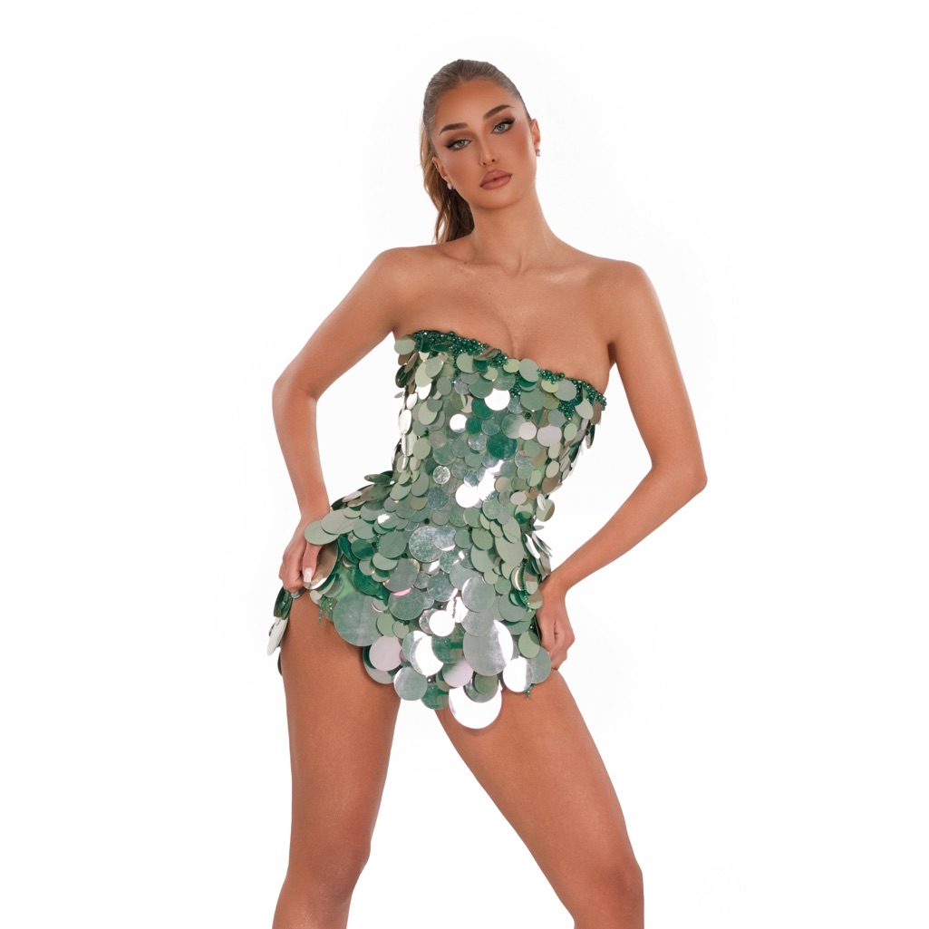 Albina Dyla Mint Spark Green And Silver Sequin Strapless Dress